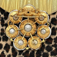 Load image into Gallery viewer, Vintage WEISS Goldtone Clear AB Rivoli Rhinestone Round Brooch Pin
