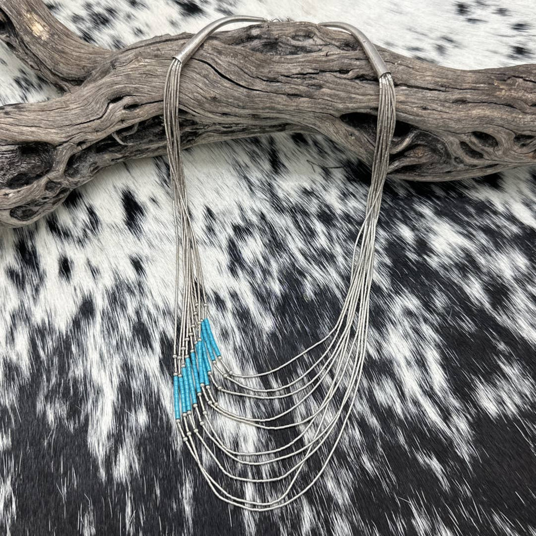 VINTAGE Liquid Silver & Turquoise Seed Bead 10-Strand Graduated Necklace