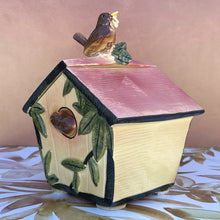 Load image into Gallery viewer, 1950s McCOY Pottery Cream Pink Green Wren Bird Birdhouse Cookie Jar With Lid

