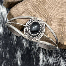 Load image into Gallery viewer, Vintage Native American NAVAJO Sterling &amp; Onyx Cuff Bracelet Sunrise Stampings

