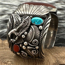 Load image into Gallery viewer, JAMES TOADLENA Navajo Sterling Turquoise Coral Cuff Bracelet Eagle &amp; Leaves
