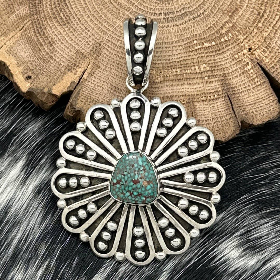 JOHNATHAN NEZ Navajo Sterling Silver & Mine 8 Turquoise Floral Statement Pendant