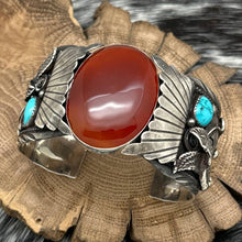 Load image into Gallery viewer, JAMES TOADLENA Navajo Sterling Turquoise Coral Cuff Bracelet Eagle &amp; Leaves
