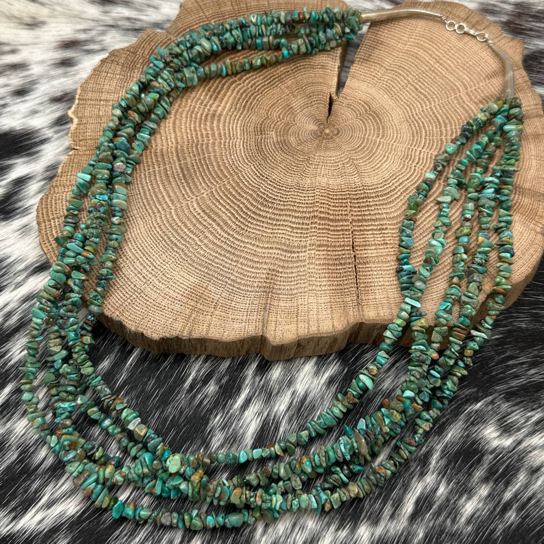 1990s NATIVE AMERICAN 5-Strand Sterling & Royston Turquoise Chip Bead Necklace