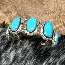 Load image into Gallery viewer, 1990s RUNNING BEAR SHOP Sterling Silver &amp; Turquoise 5-Station Cuff Bracelet
