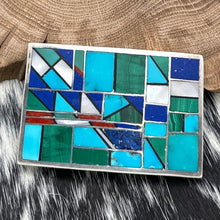 Load image into Gallery viewer, 1980s Native American NAVAJO Sterling &amp; Turquoise Multi-Stone Inlay Belt Buckle

