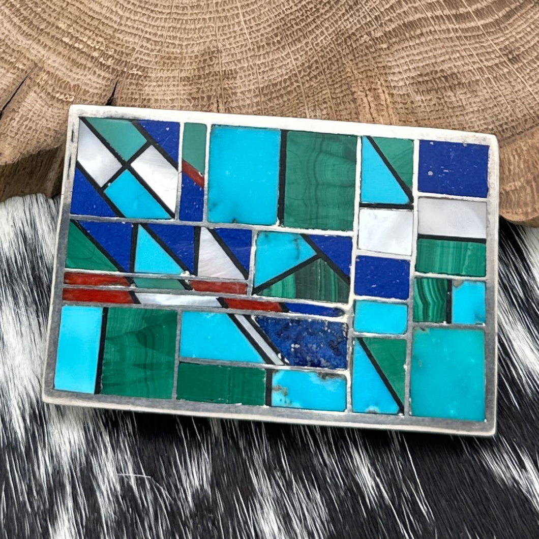 1980s Native American NAVAJO Sterling & Turquoise Multi-Stone Inlay Belt Buckle