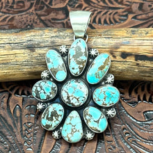 Load image into Gallery viewer, BOBBY JOHNSON Navajo Sterling &amp; Light Lone Mountain Turquoise Cluster Pendant
