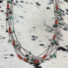 Load image into Gallery viewer, Vintage NATIVE AMERICAN Liquid Silver Necklace Turquoise Coral Beads 32&quot;
