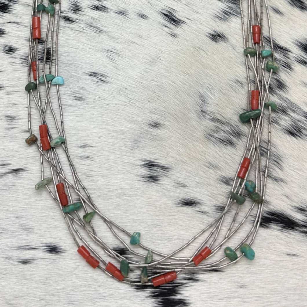 Vintage NATIVE AMERICAN Liquid Silver Necklace Turquoise Coral Beads 32