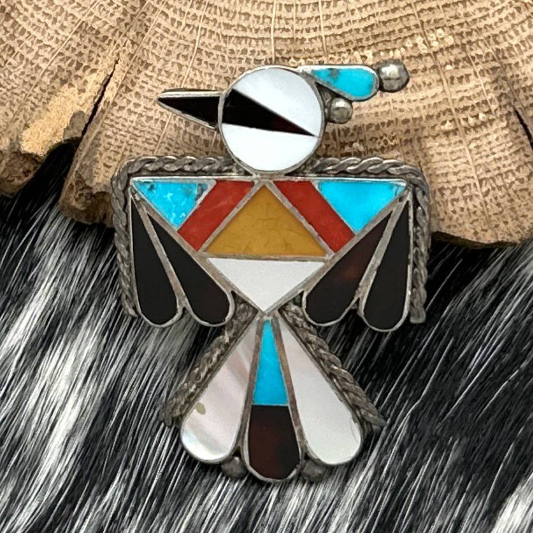 1970s Native American ZUNI Sterling Silver & Multi-Stone Inlay Thunderbird Pin