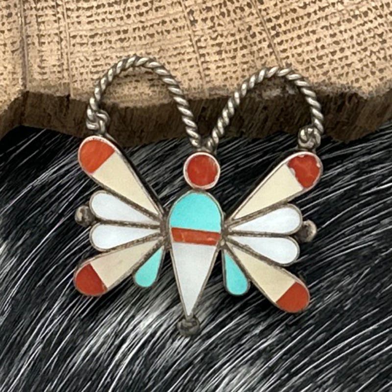 1970s Native American ZUNI Sterling Multi Stone Inlay Butterfly Pin Or Pendant
