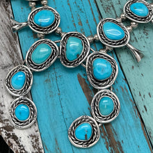 Load image into Gallery viewer, Vintage NATIVE AMERICAN Navajo Sterling &amp; Blue Turquoise Squash Blossom Necklace

