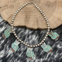 Load image into Gallery viewer, Vintage NATIVE AMERICAN Sterling Turquoise &amp; Coral Chip Inlay Owl Jewelry Set
