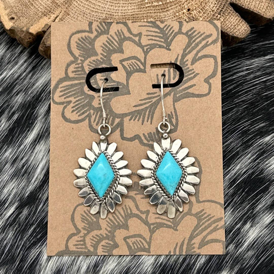 VICTOR CHEE Navajo Sterling Silver Bright Blue Turquoise Diamond Shape Earrings