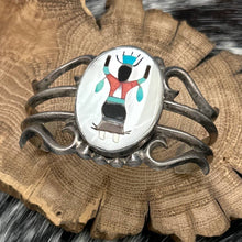 Load image into Gallery viewer, 1970s Native American NAVAJO Sandcast Silver Apache Gahn Dancer Cuff Bracelet
