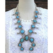 Load image into Gallery viewer, Vintage NATIVE AMERICAN Navajo Sterling &amp; Blue Turquoise Squash Blossom Necklace
