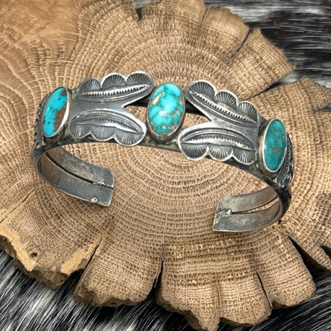 1950s Native American NAVAJO Sterling & Turquoise Cuff Bracelet Butterflies