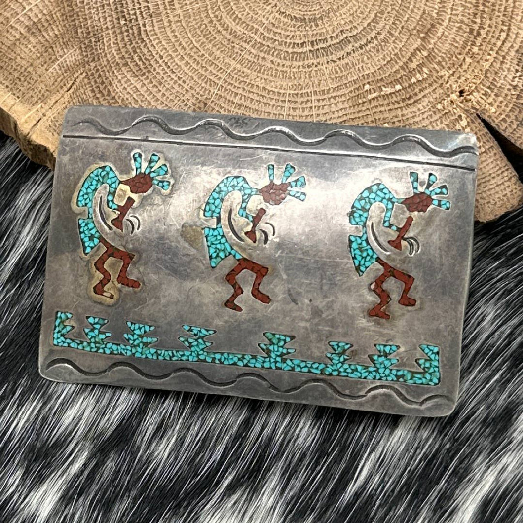 1960s NAVAJO Sterling Silver Turquoise & Coral Chip Inlay Kokopelli Belt Buckle