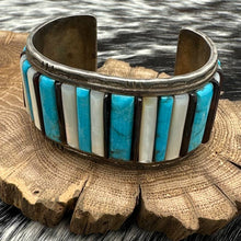 Load image into Gallery viewer, 1960s NAVAJO Sterling Turquoise Mother Of Pearl Jet Cornrow Inlay Cuff Bracelet
