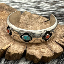 Load image into Gallery viewer, 1960s Native American NAVAJO Elegant Sterling Coral &amp; Turquoise Cuff Bracelet

