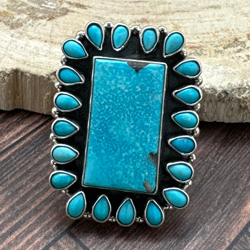 FEDERICO JIMENEZ Sterling & Natural Turquoise Rectangle Cluster Ring Adjustable