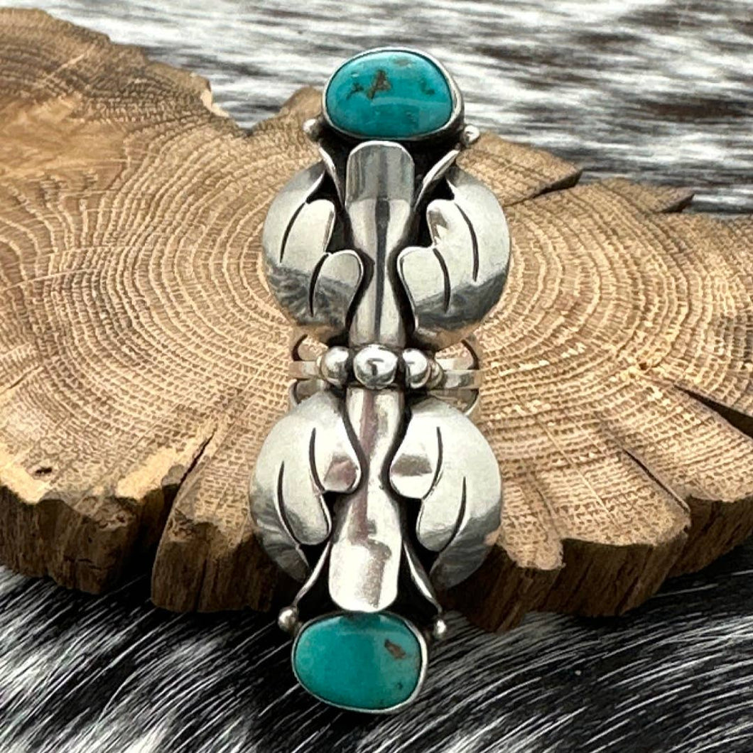 1950s Native American NAVAJO Sterling & Turquoise Double Squash Blossom Ring