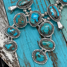Load image into Gallery viewer, Vintage NATIVE AMERICAN Navajo Sterling Turquoise Matrix Squash Blossom Necklace

