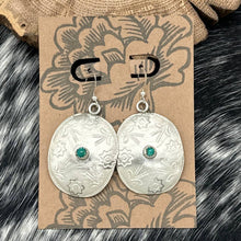 Load image into Gallery viewer, 1940s Native American NAVAJO Sterling &amp; Green Turquoise Upcycled Concho Earrings
