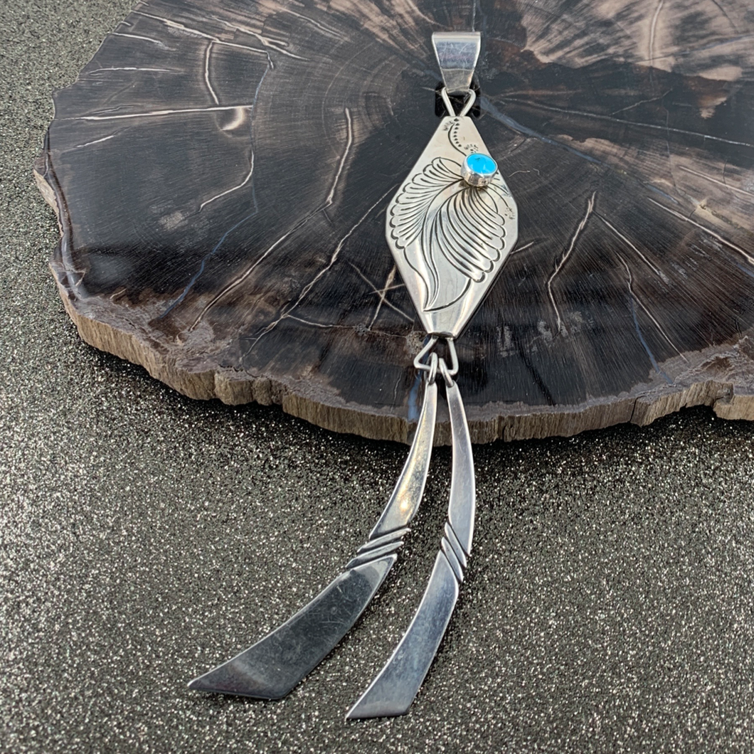 Native American Sterling Silver & Turquoise Elongated Fish-Like Pendant Tails