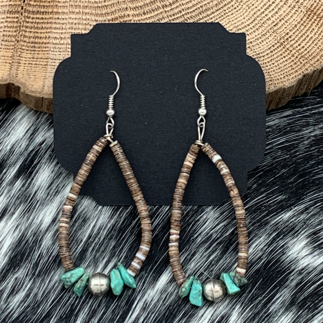 Vintage Native American Heishi Turquoise & Bench Bead Teardrop Shape Dangle Earrings