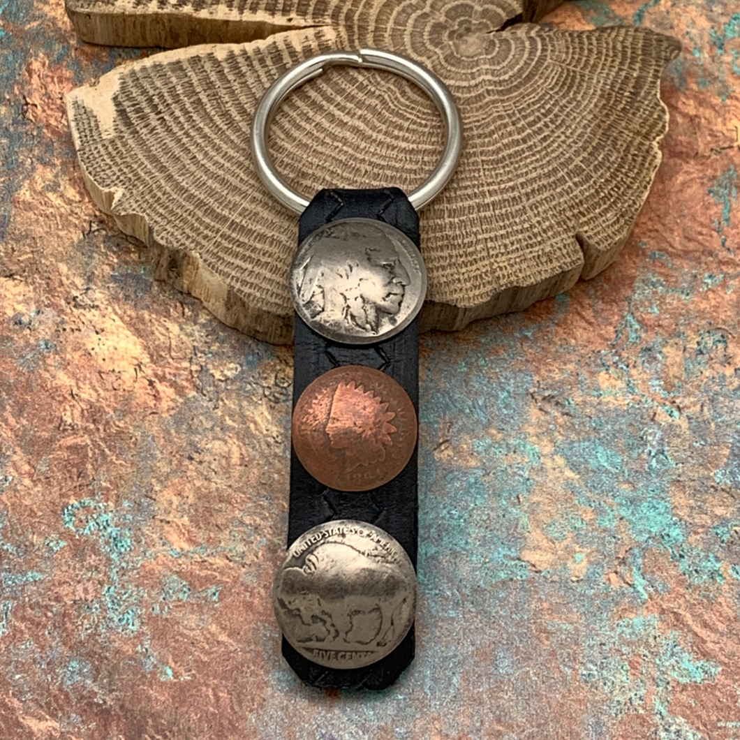 BUFFALO DANCER Native American Taos Pueblo Leather Keychain With 3 Coins