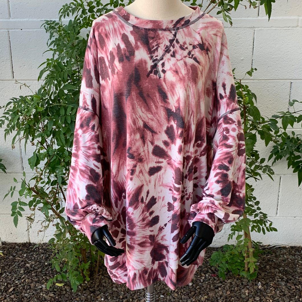 EASEL Plum & Cream Color French Terry Tie Dye Print Tunic Top Size L NWT