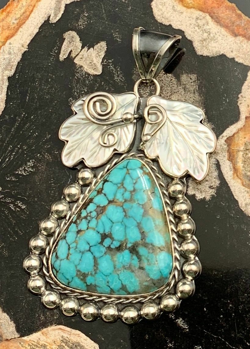 Elysium Inc Mexico .950 Silver & Turquoise Pendant With Mother Of Pearl Leaves