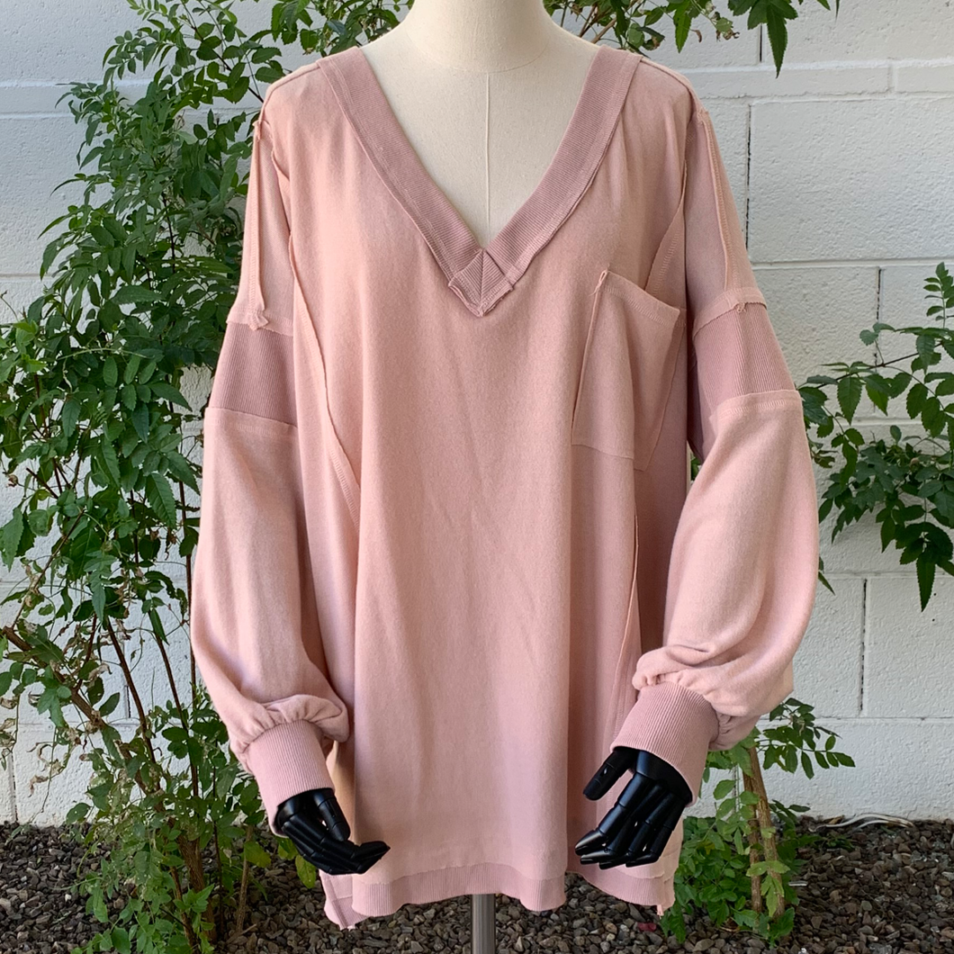 WHITE BIRCH Dusty Rose Color Brushed Hacci Knit Top Ribbed Details Size L NWT