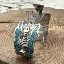 Load image into Gallery viewer, Vintage NATIVE AMERICAN Sterling &amp; Turquoise Chip Inlay Peyote Bird Watch Cuff
