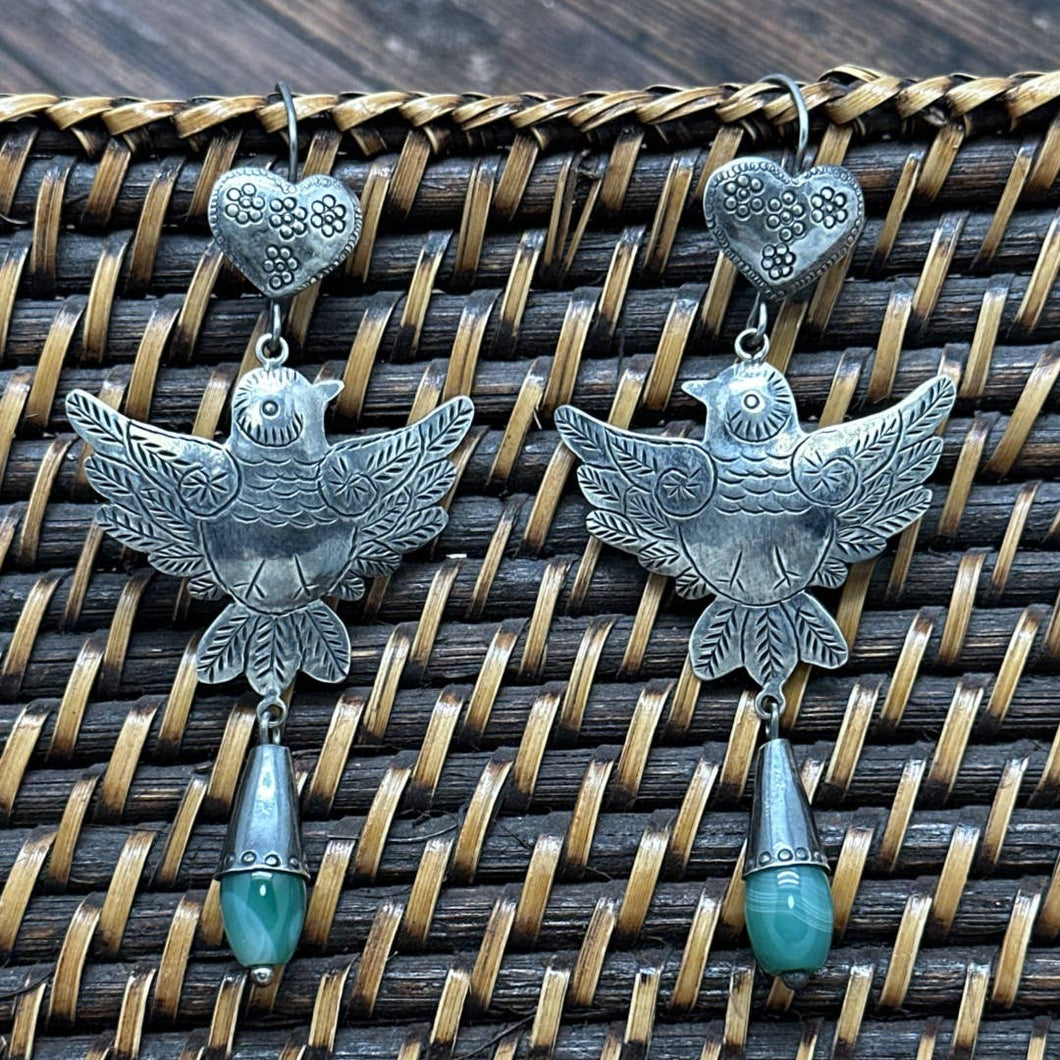 FEDERICO JIMENEZ Sterling Silver Heart Dove Green Jade Dangle Earrings